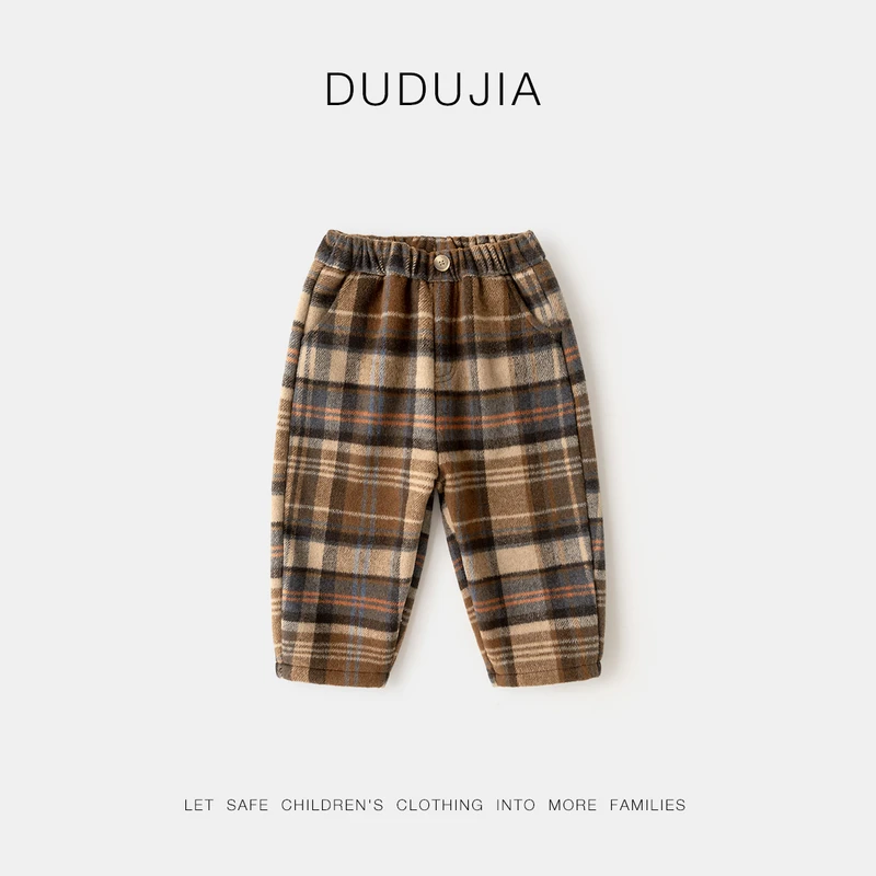 宝宝裤子毛呢秋冬加厚儿童加绒长裤冬款男童格子裤廓形冬季美拉德