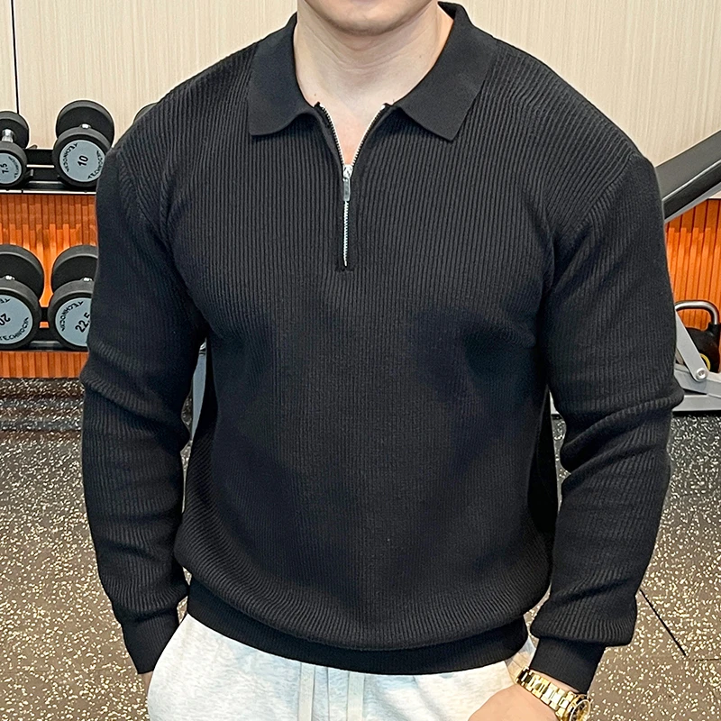 新款秋冬百搭男士休闲毛衣纯色针织衫长袖商务上衣翻领半拉链舒适