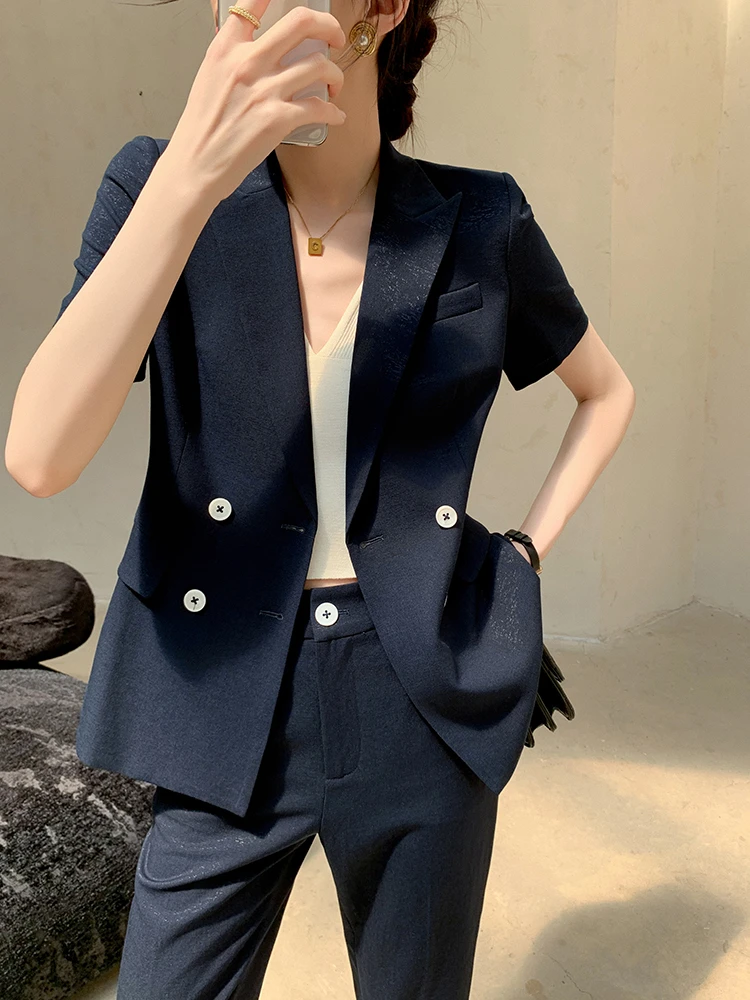 9625高级感藏青色小西装外套女夏款修身职业短袖九分裤西服套装