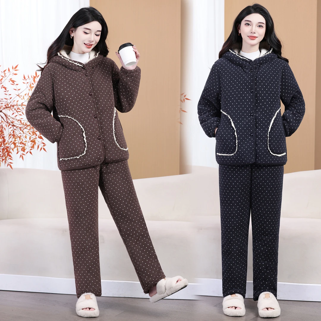 中老年连帽保暖冬季家居服套装妈妈装可外穿加绒加厚棉衣+棉裤