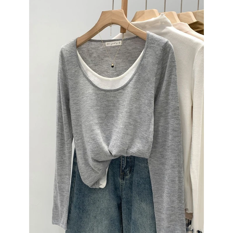 撞色假两件针织打底衫女春秋大码女装胖mm内搭宽松慵懒松弛感上衣