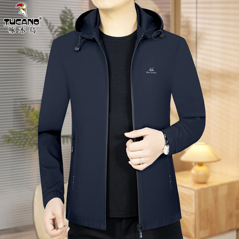 啄木鸟2025春秋季新款男士商务休闲夹克上衣可脱卸帽外套纯色男装