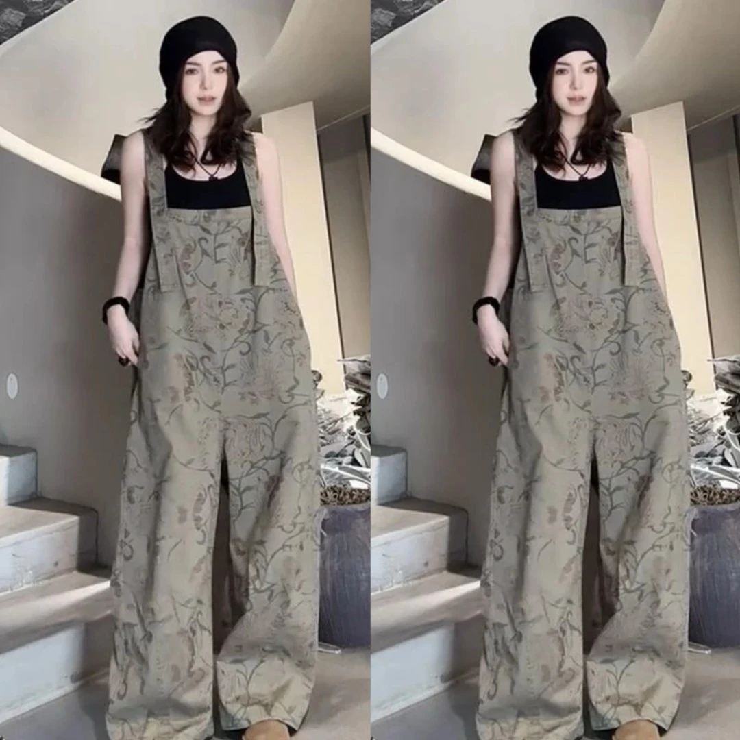 复古大码印花工装背带裤女2025夏季新款松弛感高腰减龄阔腿裤潮