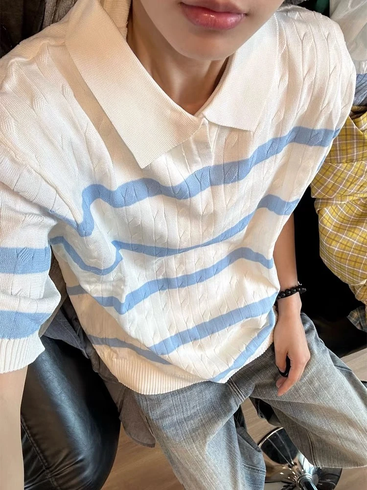 SC夏季男女条纹POLO领休闲百搭时尚薄款冰丝半袖针织衫LJ-K37