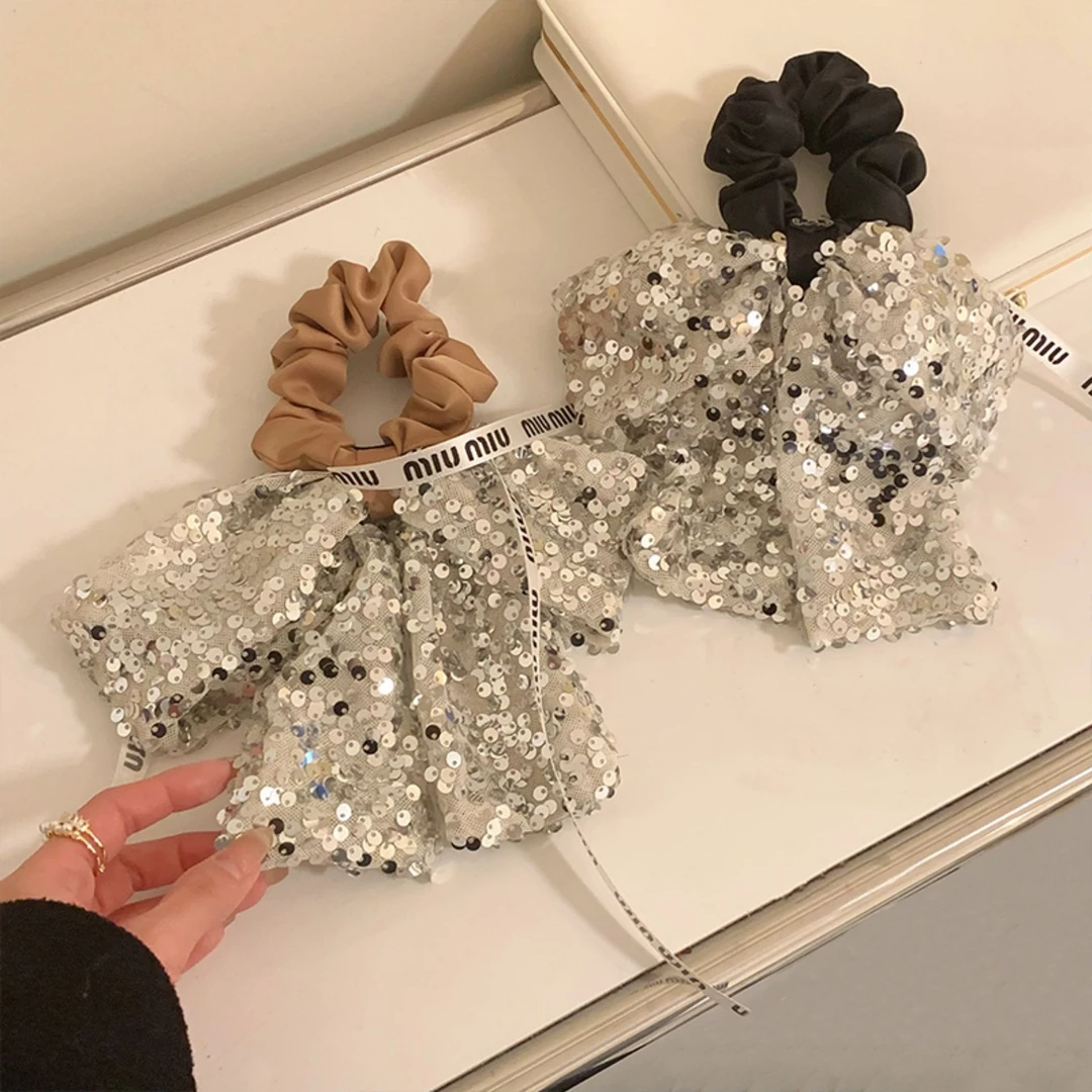 精致千金感亮片飘带蝴蝶结发圈女百搭缎面大肠圈高级感扎马尾头花