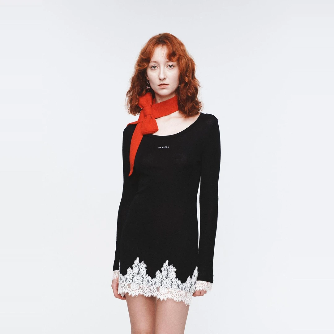 HERLIAN 2025年春季新品蕾丝花边装饰袖身长袖连衣裙