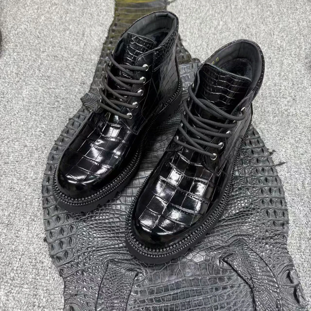 真鳄鱼皮大头圆头靴防滑耐磨鞋底（皮毛一体）男士高帮皮靴