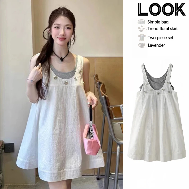 孕妇装夏多巴胺穿搭白色钉珠叠穿吊带2件背带短裙宽松孕期背心裙