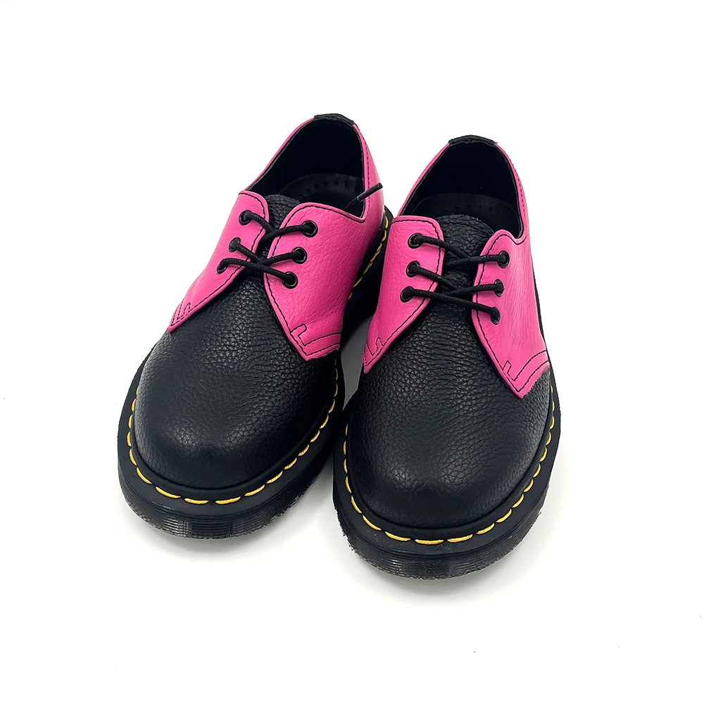 3孔系带固特异工艺皮鞋粉红与黑色拼色个性撞色百搭女士小皮鞋