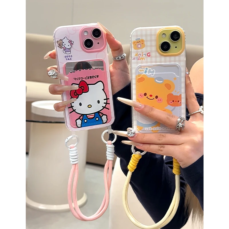 可爱KT黄油小熊适用苹果16promax卡包手机壳iPhone13/15挂绳14软