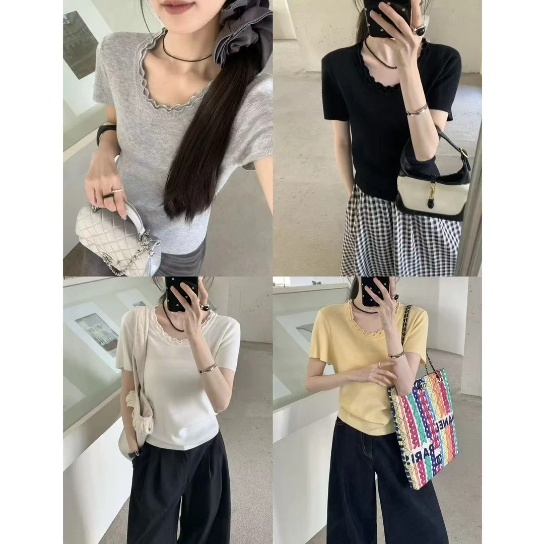 韩系甜美双层木耳边设计感针织短袖32488 衣长52