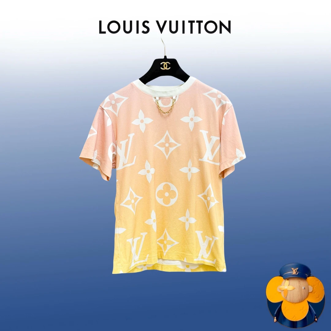 99新 LouisVuitton/路易威登 XS码粉色渐变老花满印圆领短袖t恤