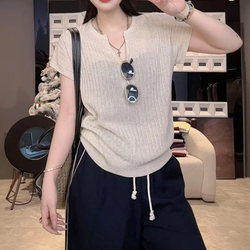 大码法式慵懒风v领针织衫短袖女2025夏季宽松遮肉显瘦T恤上衣7292