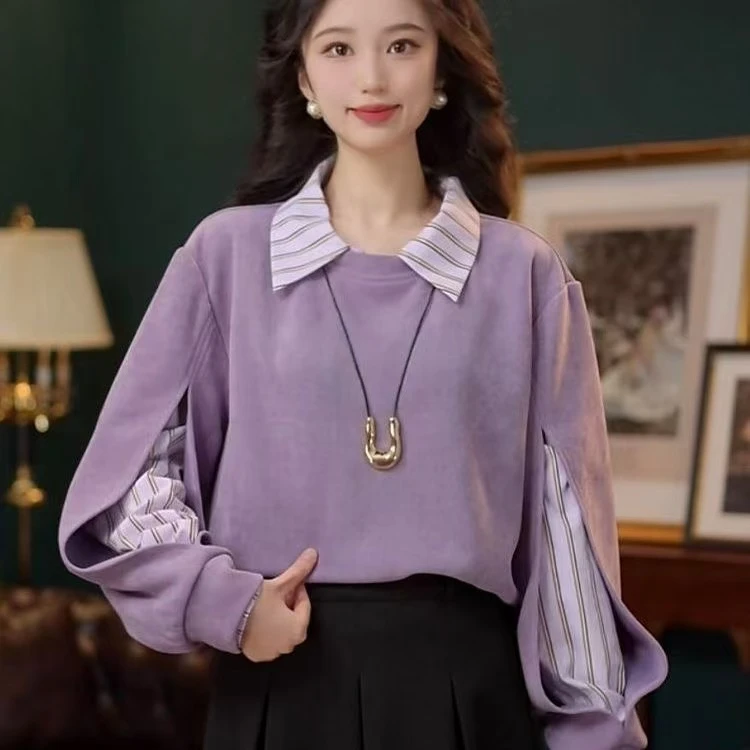D11港风复古拼接宽松假两件上衣女2025新款春季打底衫女