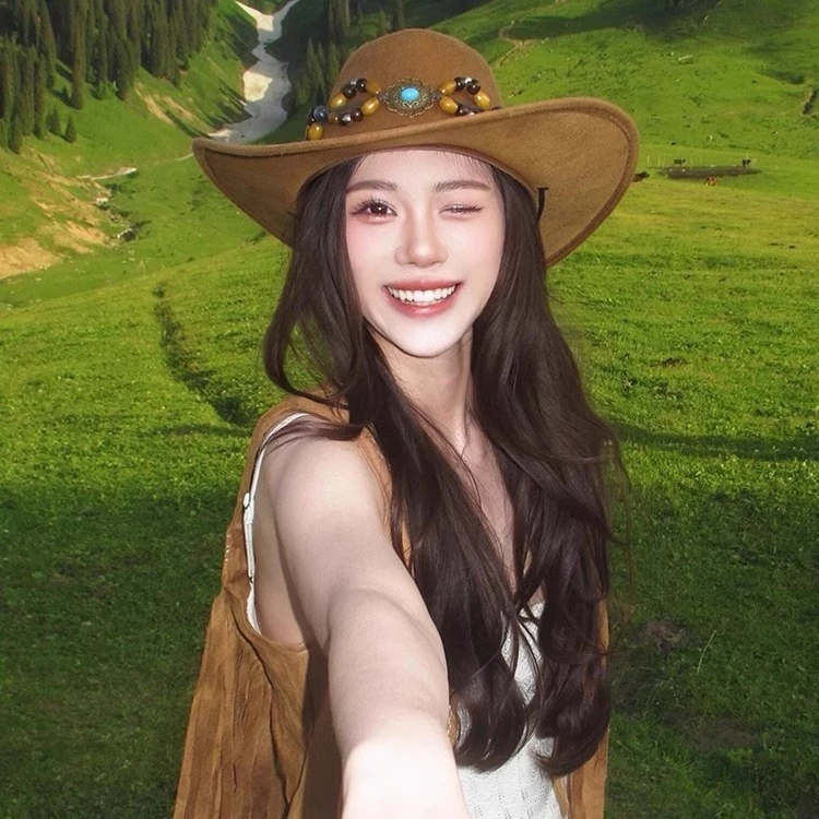 民族风西部牛仔帽子女夏季川西旅游穿搭登山帽大帽檐遮阳防晒帽子