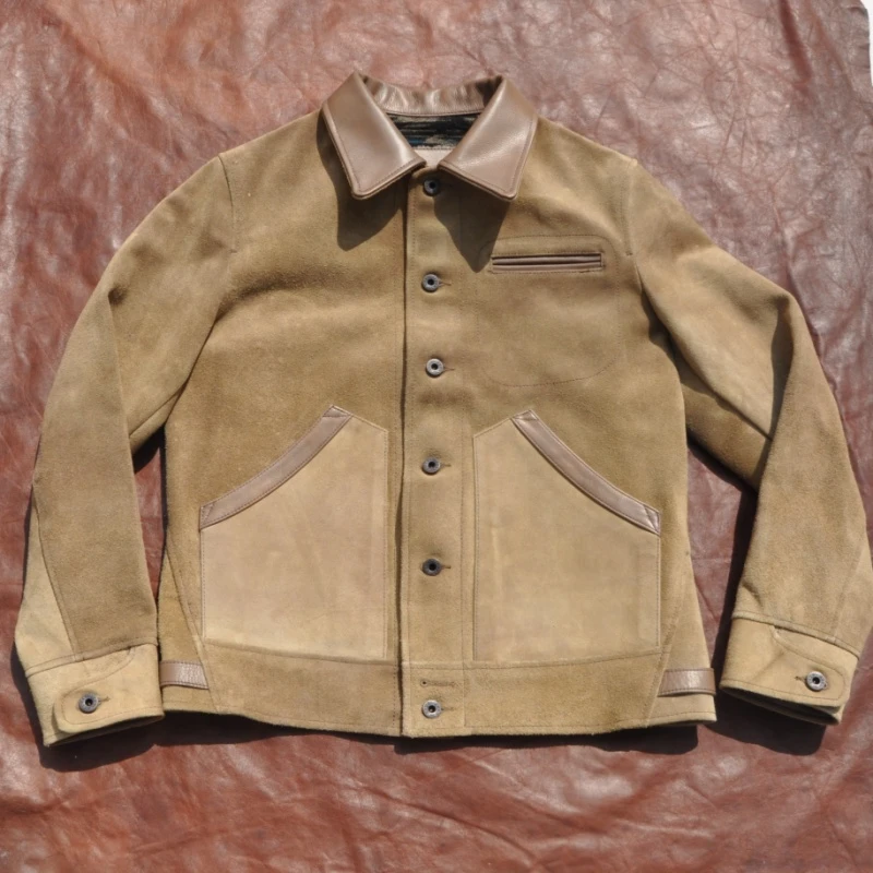 皮衣保暖西部夹克头层牛皮外套无内里翻领做旧反绒机车真皮男款