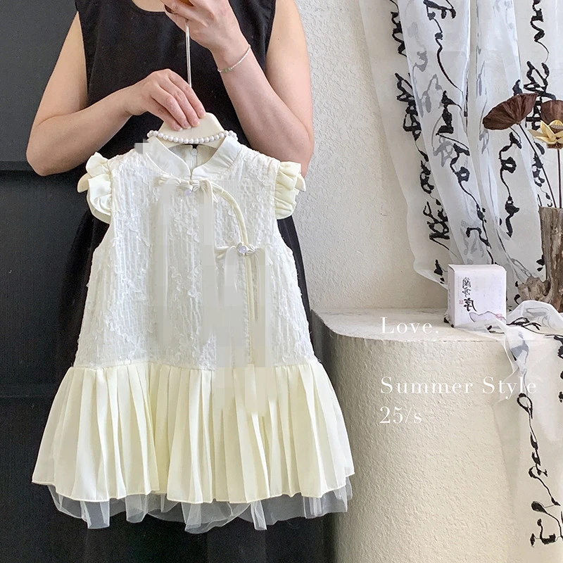 【本妈】2025夏“月光白”女童国风飞袖亮片百褶连衣裙A304