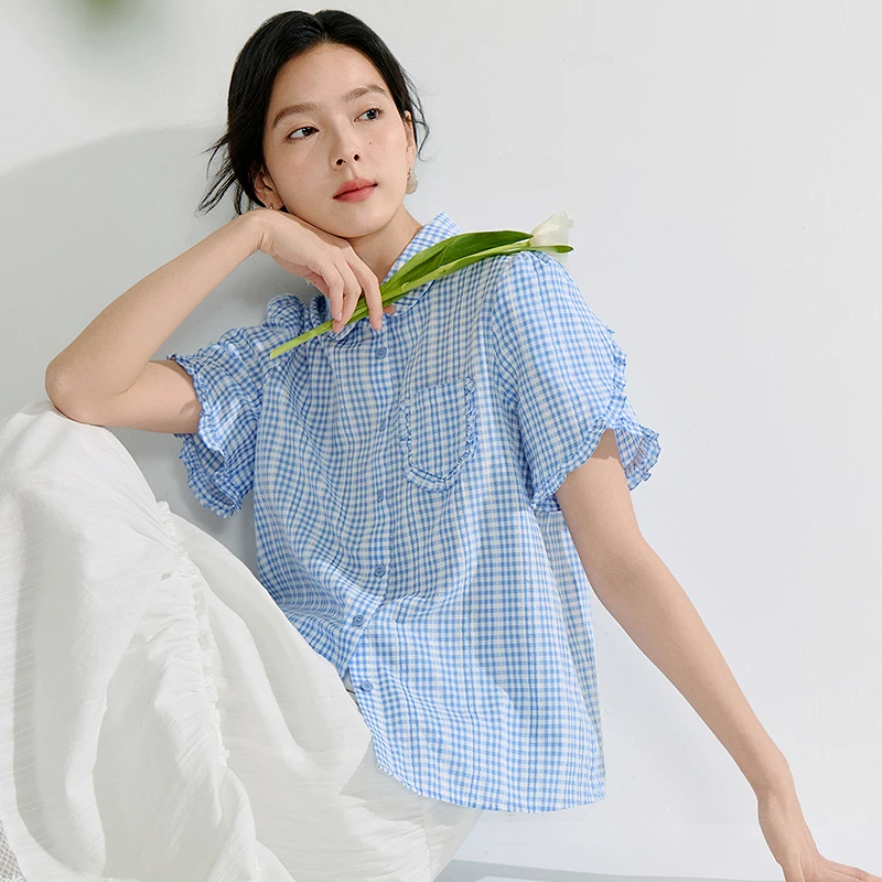 【618抢先购】茵曼夏季法式格纹衬衣时尚休闲宽松气质百搭衬衫上衣