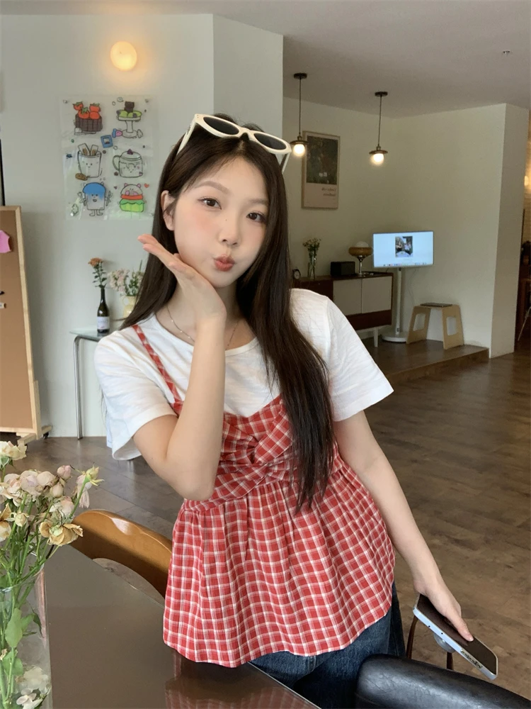 大码女装胖mm显瘦遮肚法式度假风假两件短袖上衣夏季收腰显瘦格子