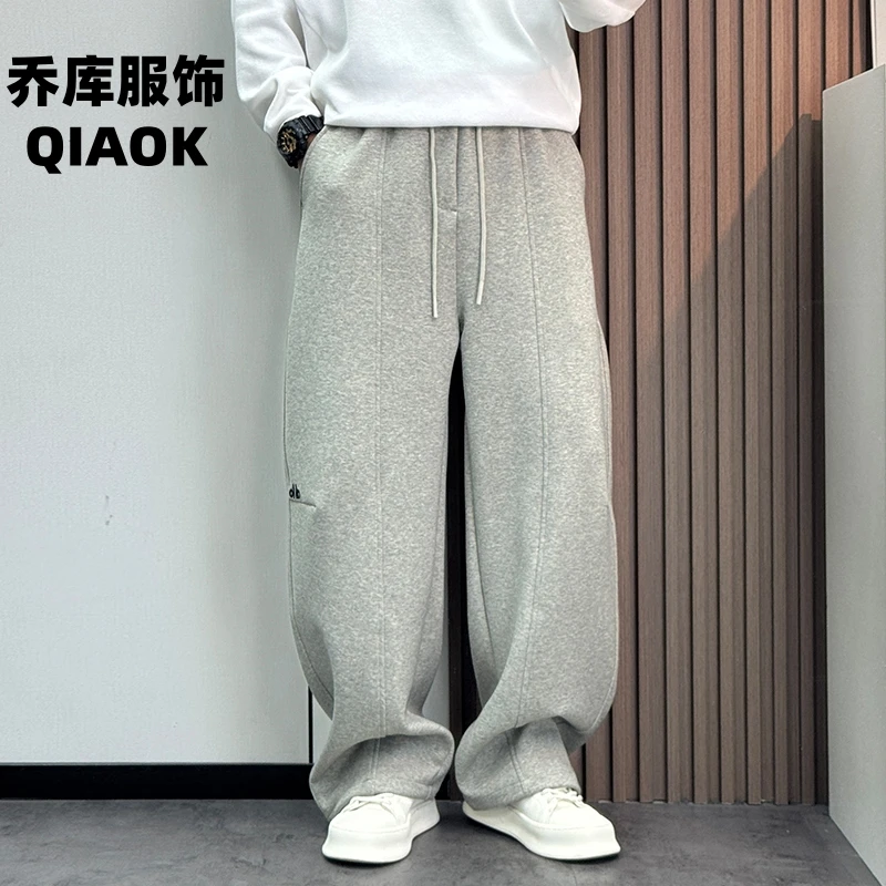 秋季新品高品质宽松运动长裤加绒加厚保暖男士休闲弯刀阔腿裤裤男