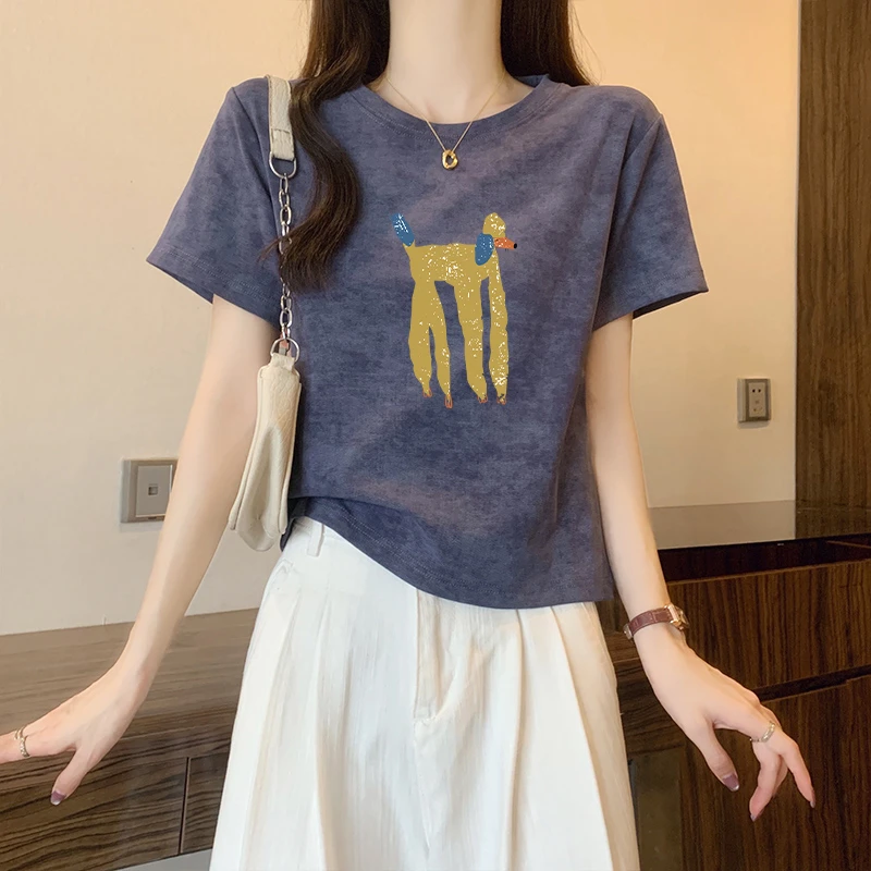 美式复古扎染短袖t恤女夏季宽松设计感小众正肩纯棉减龄洋气上衣