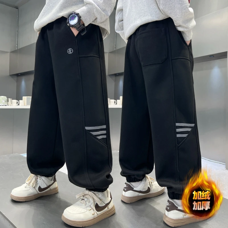 男童秋冬款加绒裤子2025新款加厚一体绒中大童冬季运动儿童卫裤潮