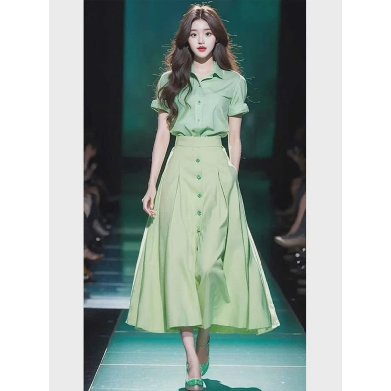 2025夏季新款女装韩系绿色衬衫套装裙高级感半身裙今年流行两件套