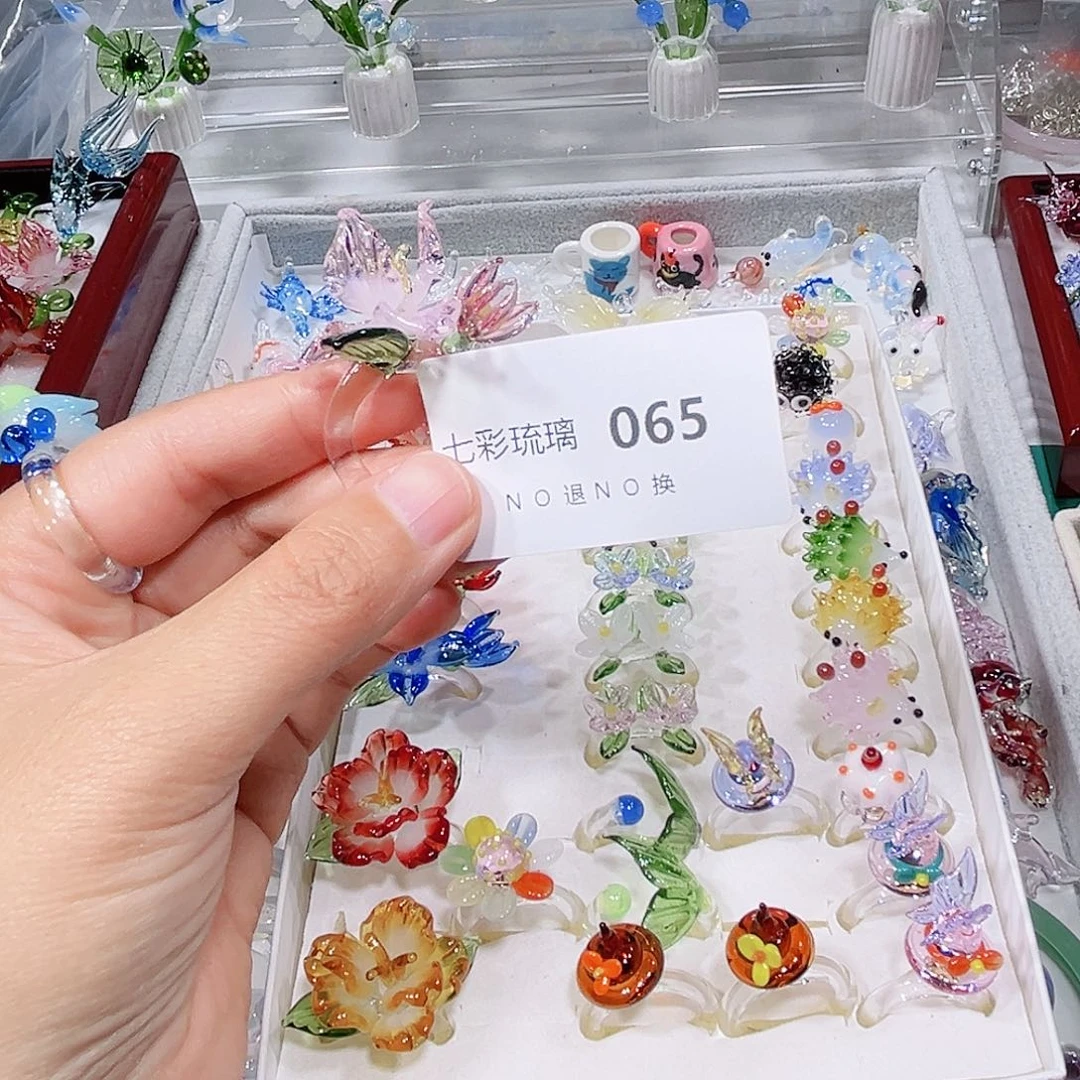 玻璃颈饰65粉色鸢尾花戒指