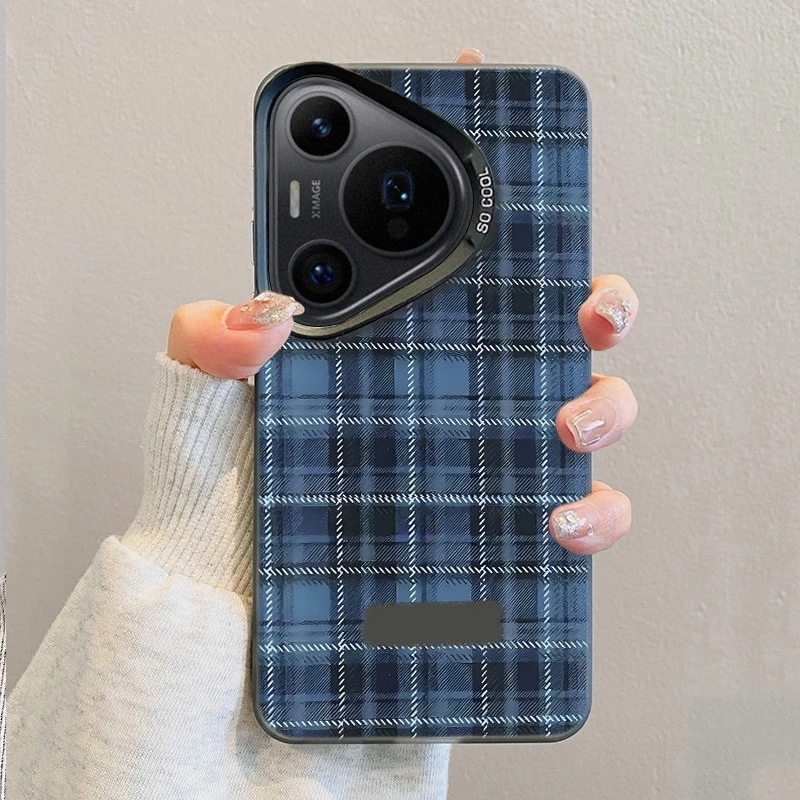 蓝色格纹适用华为Pura70Pro手机壳小众mate60保护套磨砂P70防摔潮