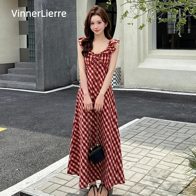 薇妮诺成熟夏天连衣裙法式长裙甜辣茶歇裙红格子复古和纸纱工装风