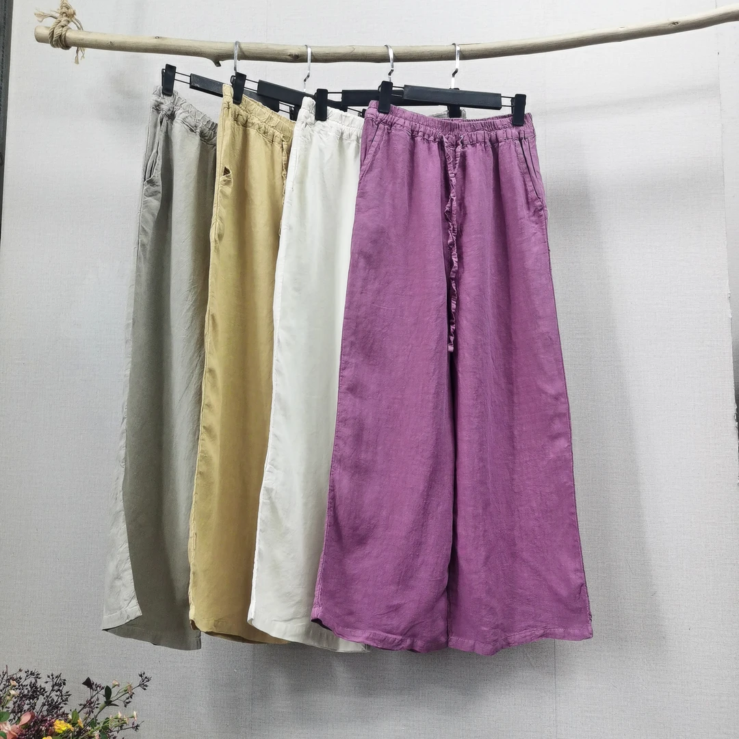 儒品素衣2921亚麻抽绳直筒裤