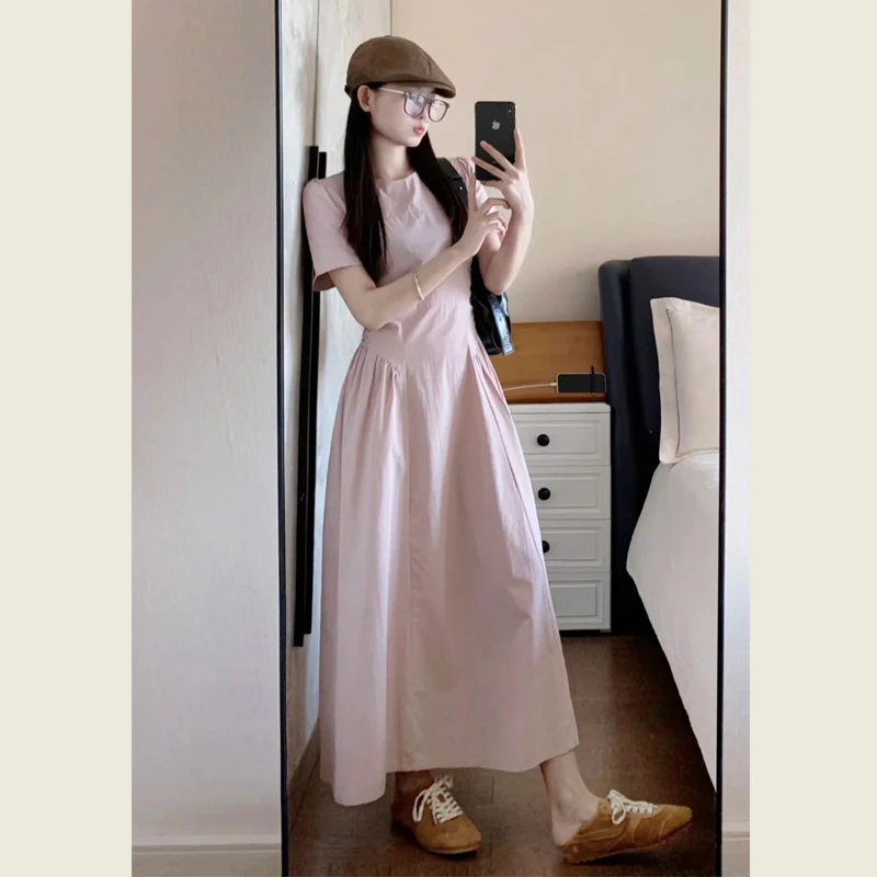 UQS2025夏季简约大气褶皱短袖连衣裙女海边度假风收腰a字显瘦长裙