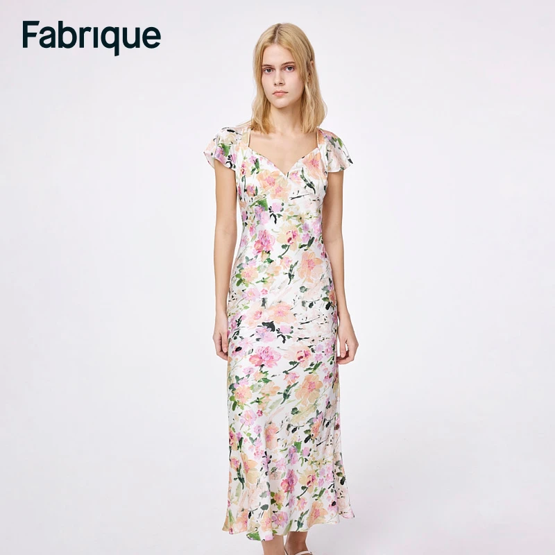 【Fabrique】春夏新款白昼花园6A级桑蚕丝油画花卉法式小飞袖连衣裙