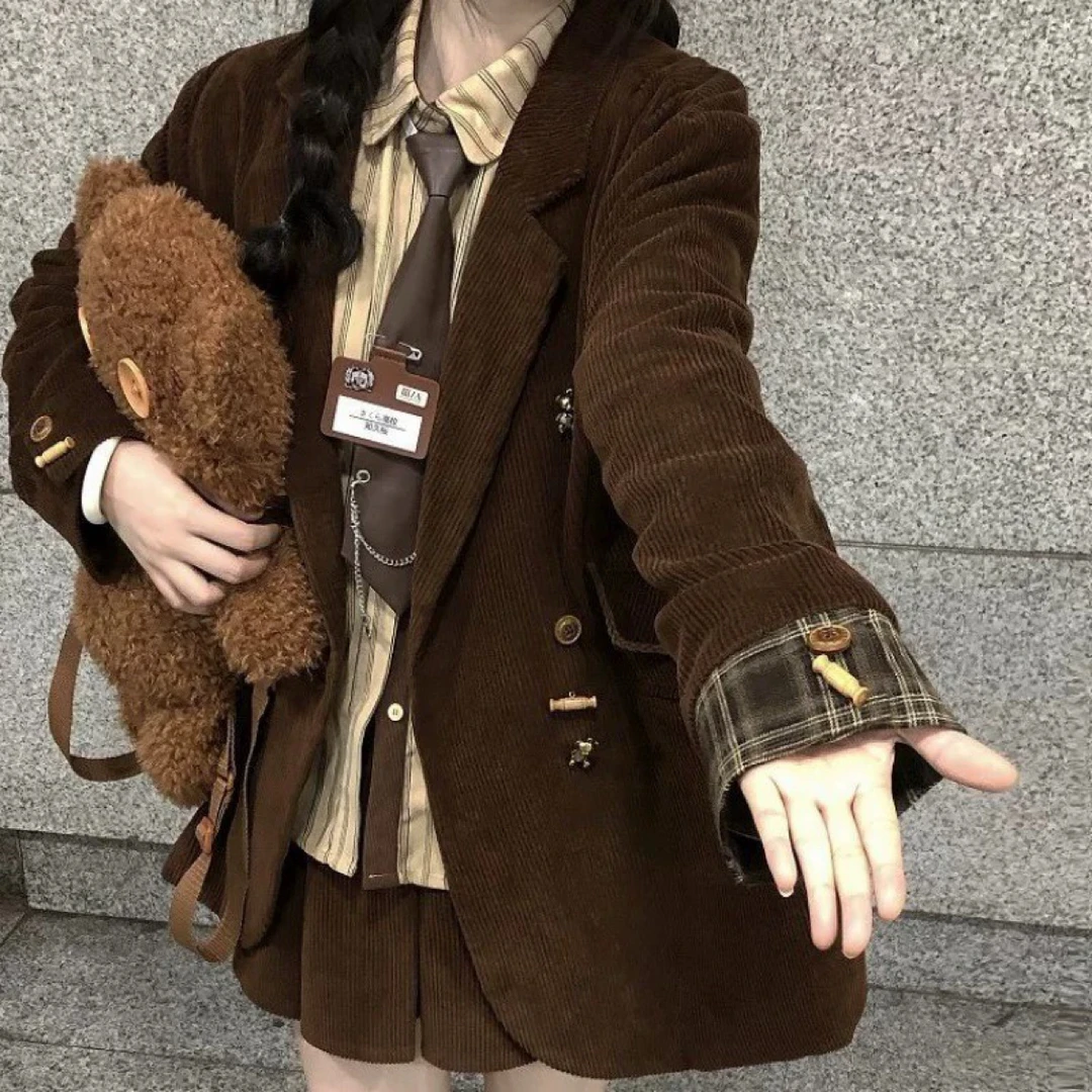 美拉德复古小熊学院风秋冬搭配一整套衬衫西装外套半身裙三件套