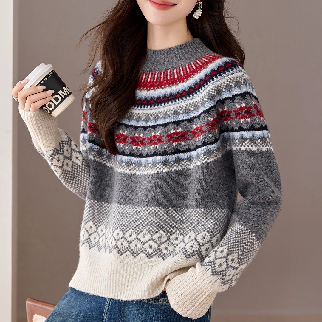 苏格兰贵族风格  重磅纯羊毛灰色毛衣女宽松小富婆高级感针织衫女