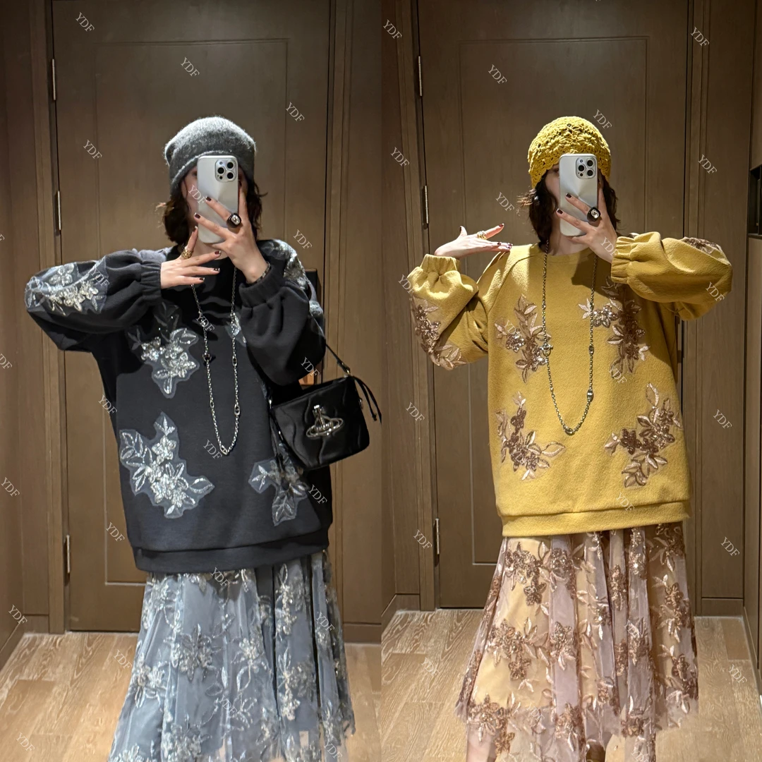 YDFSTUDIO小众【高智千金】欧货早秋重工蕾丝贴布上衣+半身裙套装