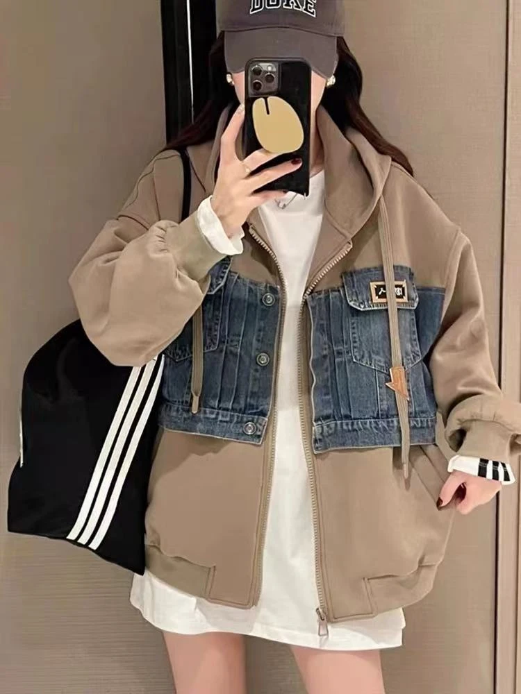 18239#牛仔拼接复古设计感时尚外套【衣长64】A9-1