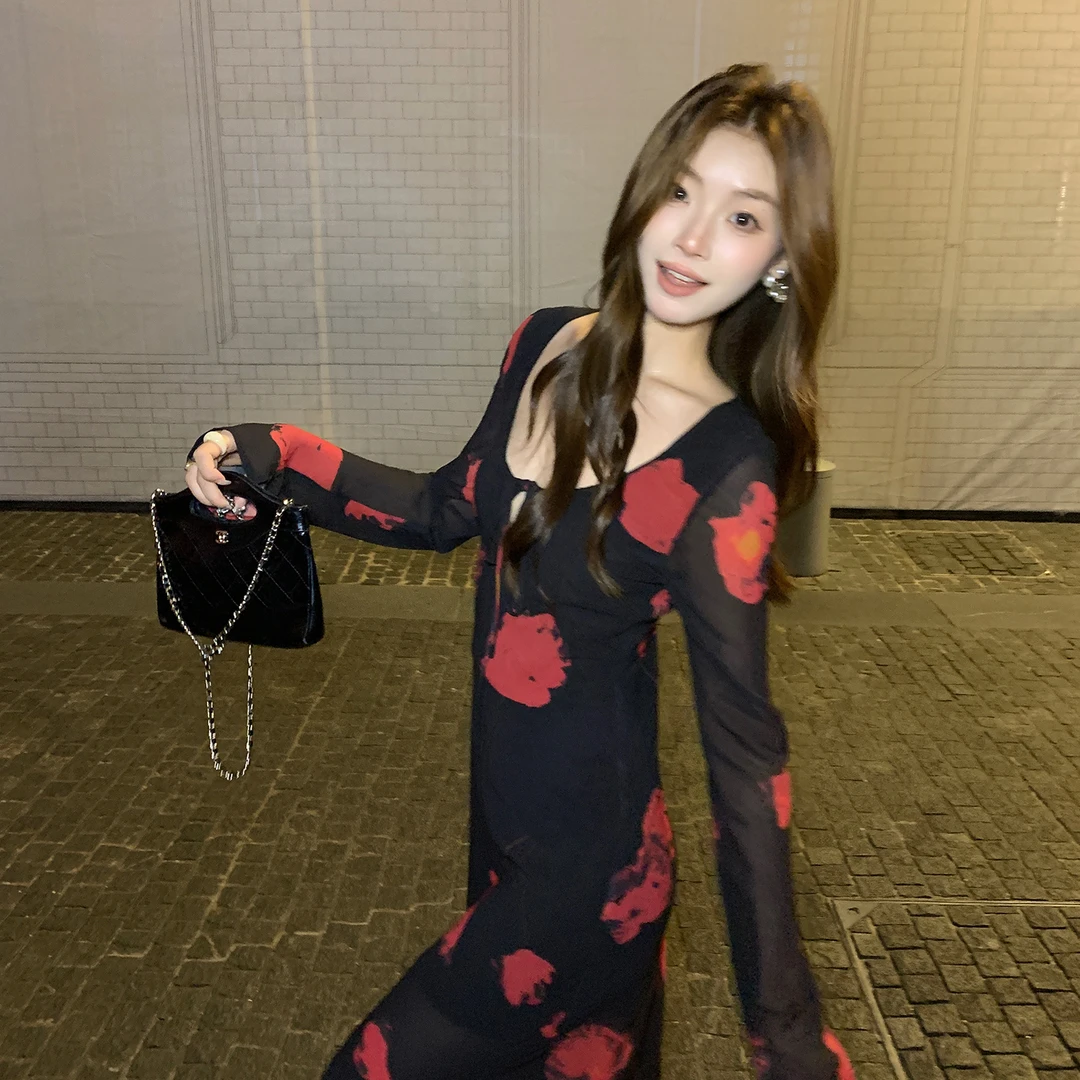 【手绘古典花】RARE ZZ法式复古高级碎花连衣裙v领优雅时髦长裙女