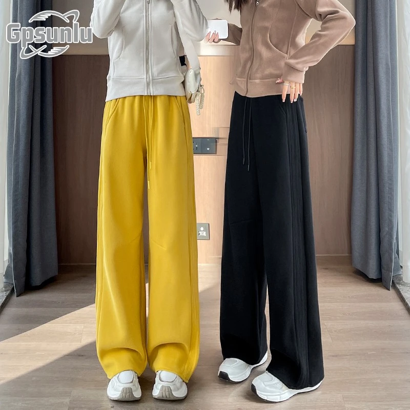 gpsunlu小个子黄色直筒香蕉卫裤女秋季新款高腰显瘦阔腿运动裤