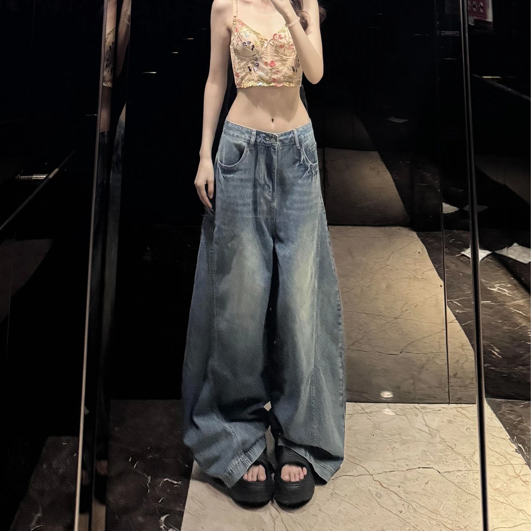 微胖mm复古水洗弯刀牛仔裤女2025秋季新款做旧宽松显瘦休闲阔腿裤