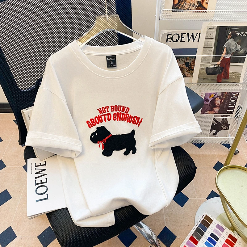 磨毛加厚2025新款刺绣短袖打底衫上衣宽松oversize红色圆领T恤女