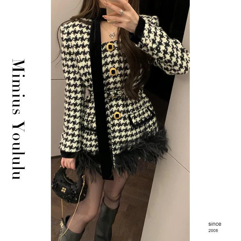 【mimius】B游鹿鹿 高定千鸟格拼接鸵鸟毛外套(毛毛可拆) F11266