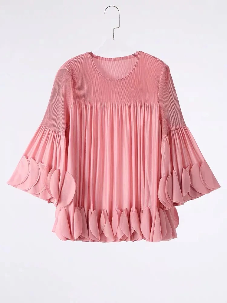 粉色新中式外穿穿搭宽松洋气圆领新款褶皱上衣花瓣遮肉