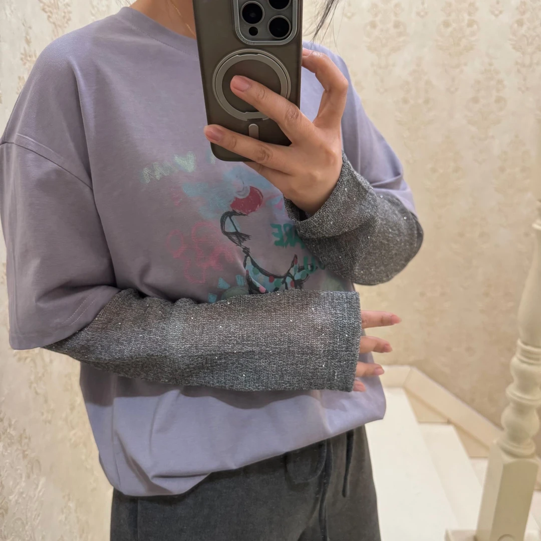 复古涂鸦灰紫拼接T