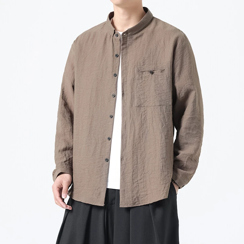 中国风棉麻透气双层领长袖衬衫2025春夏新款大码宽松休闲百搭衬衣