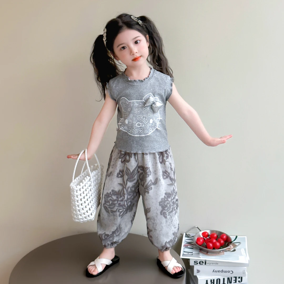 女童夏季薄款套装2025新款儿童洋气无袖背心夏装防蚊裤卡通两件套