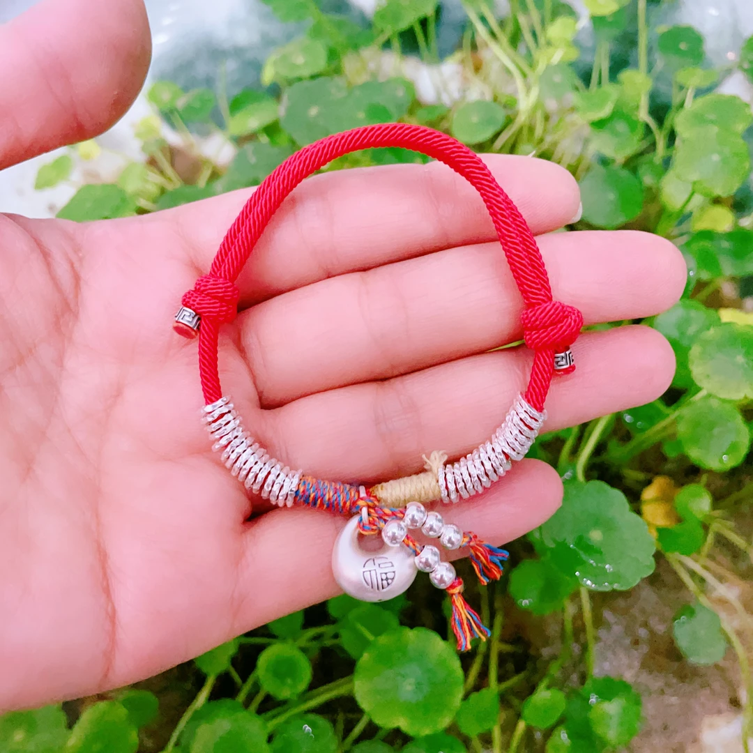 足银手链 足银999盘缠胖福纯银手链diy红绳转运手绳新年礼物女