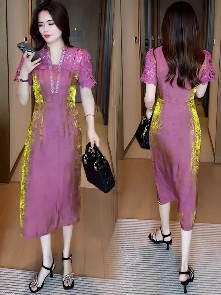 时尚连衣裙女2025夏季新款洋气质显瘦遮肉蕾丝拼接中长款减龄裙子