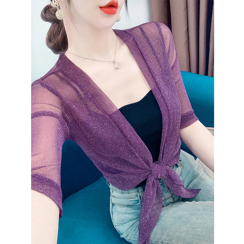 网纱短袖女夏季2025新款小披肩配吊带裙子外搭小外套开衫薄纱罩衫