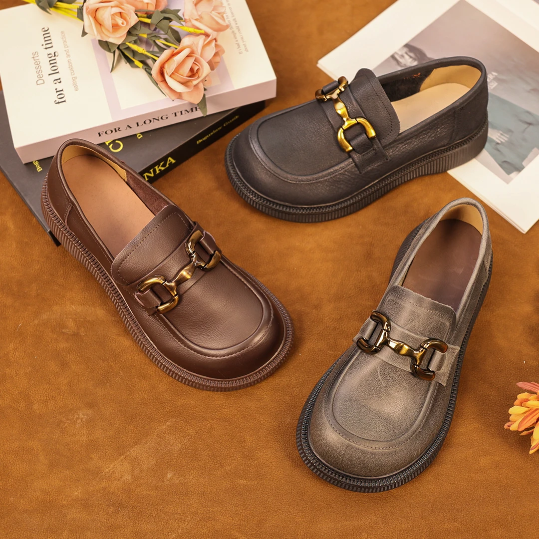 拙手作2025牛皮乐福时尚百搭真皮复古英伦风圆头乐福单鞋